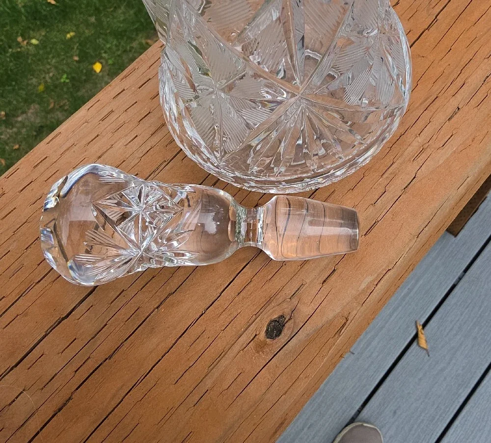 Vintage Bohemian Cut Crystal Wine Decanter with Ground Stopper Pinwheel Starburs